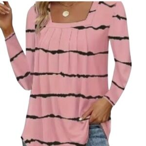 Women's Pink Striped Square-Neck Pleated Blouse